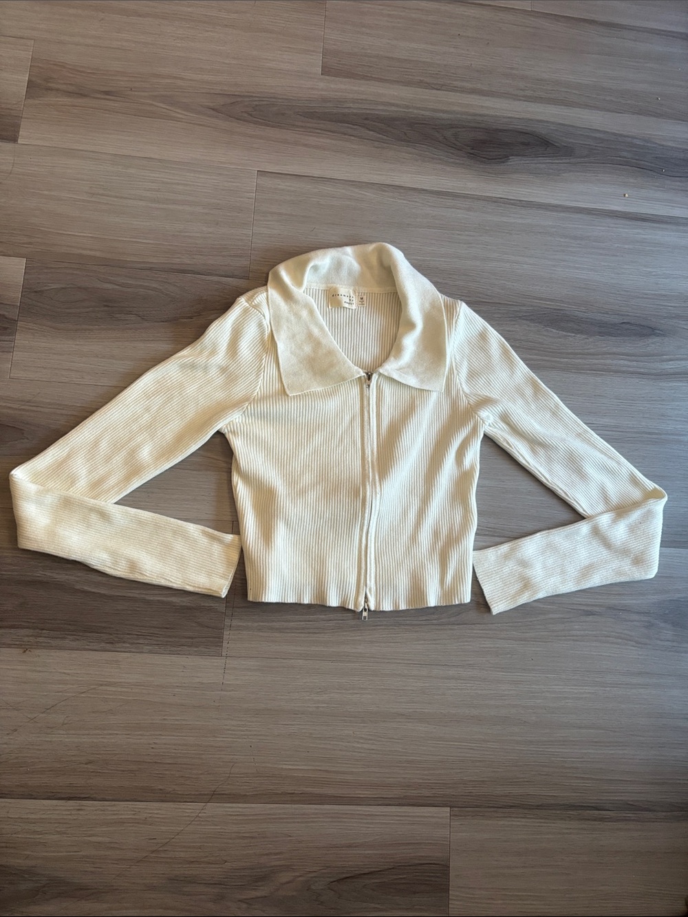 Cropped Cream Ribbed Zip Jacket with Polo Collar